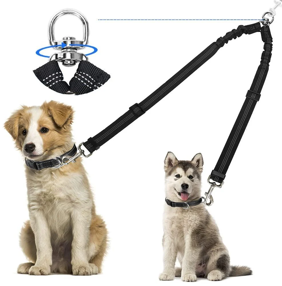 Kelivi Double Dog Lead Coupler No Tangle 360 Swivel Rotation Two 2 Splitter Heavy Duty Adjustable Bungee Reflective Dual Leash for Walking Medium Large (Black)