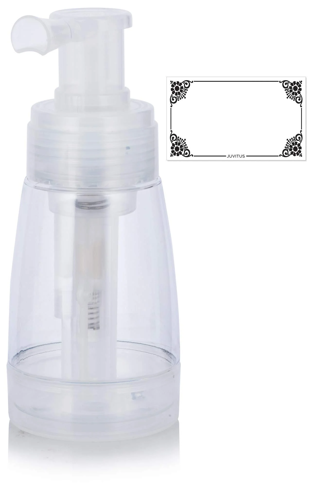 Clear Powder Spray PET Bottle with Locking Nozzle 6 oz / 180 ml + Label - JUVITUS
