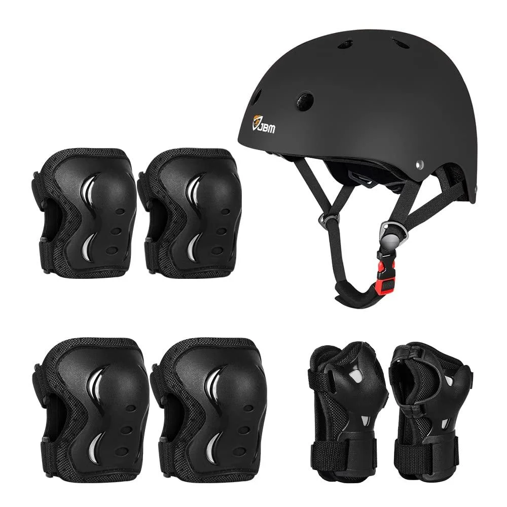 JBM Youth & Adult Full Protective Gear Set, Multi-Sport Helmet, Knee Pads and Elbow Pads with Wrist Guards, Full Protection (7-Pieces Protective Gear Set( (Black - Large, 14 Years - Adult) 14 Years - Above Black - Large