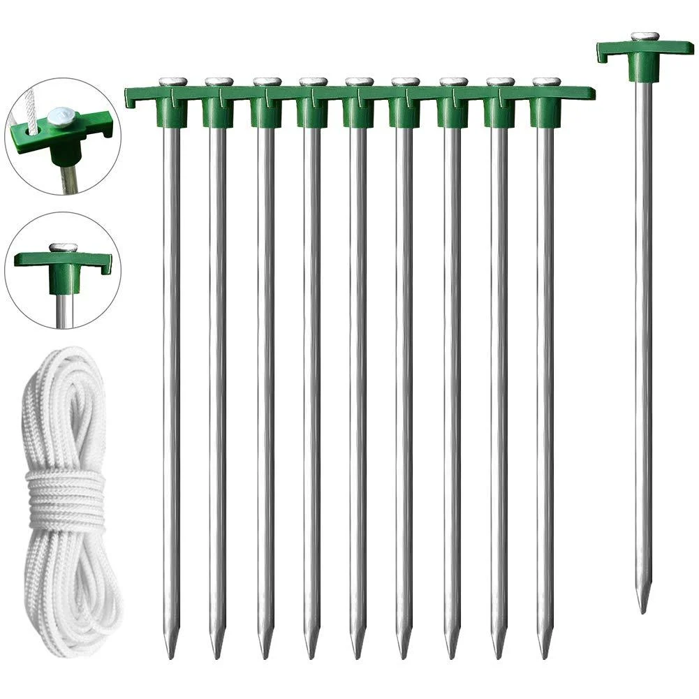 Eurmax USA Galvanized Non-Rust Camping Family Tent Pop Up Tent Stakes Ice Tools Heavy Duty 10pc-Pack with 4x10ft Ropes & 1 Stopper Green