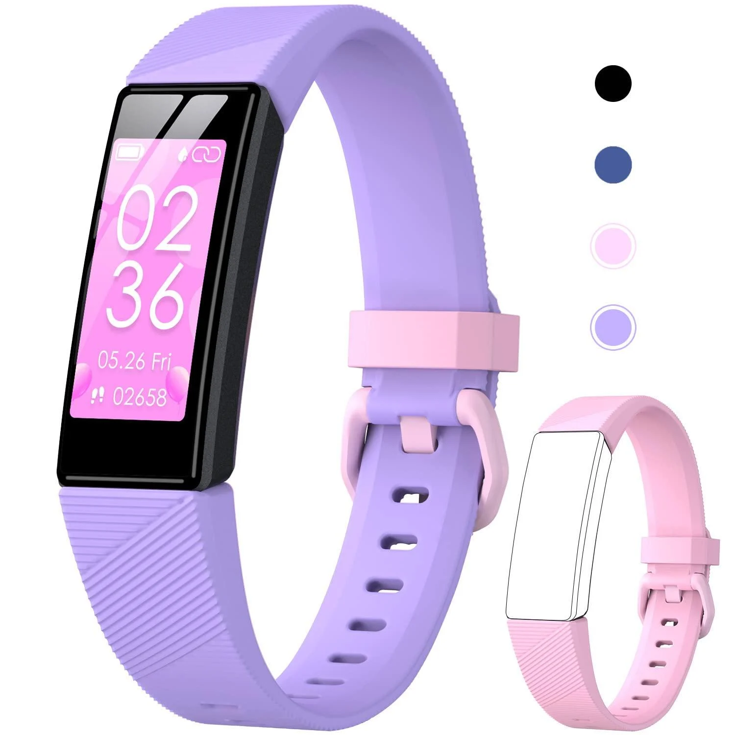 Kids Fitness Tracker Watch for Boys Girls Age 5-16, Waterproof Fitness Watch with Heart Rate Monitor, Sleep Monitor, Calorie Counter, 11 Sport Modes Tracker and More - Kids Watch with Replaceable Band b purple & pink