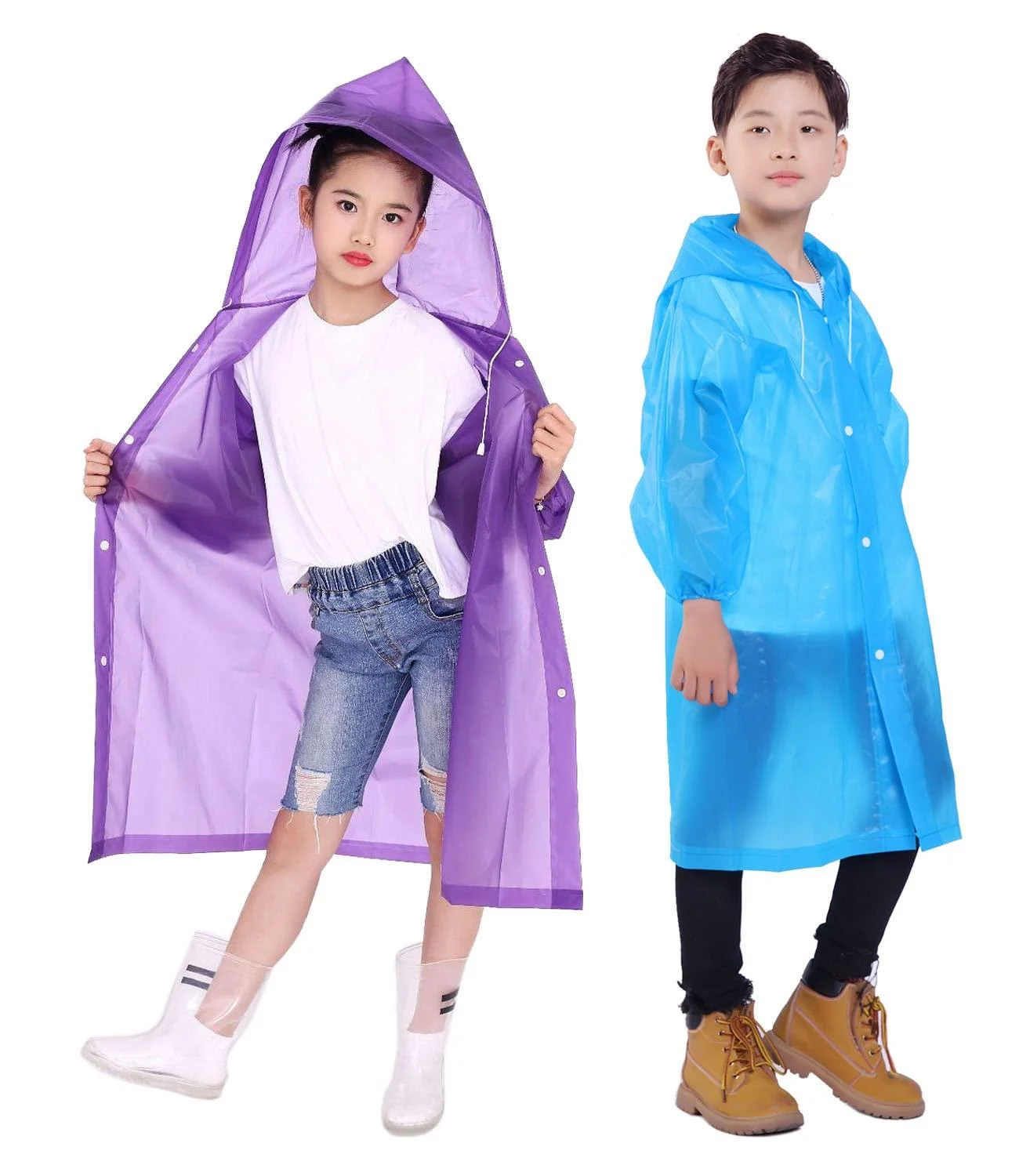 Makonus Raincoat for Kids, Pack of 2 EVA Kids Rain Coats Reusable Rain Poncho Jacket for Boys and Girls Blue/Purple