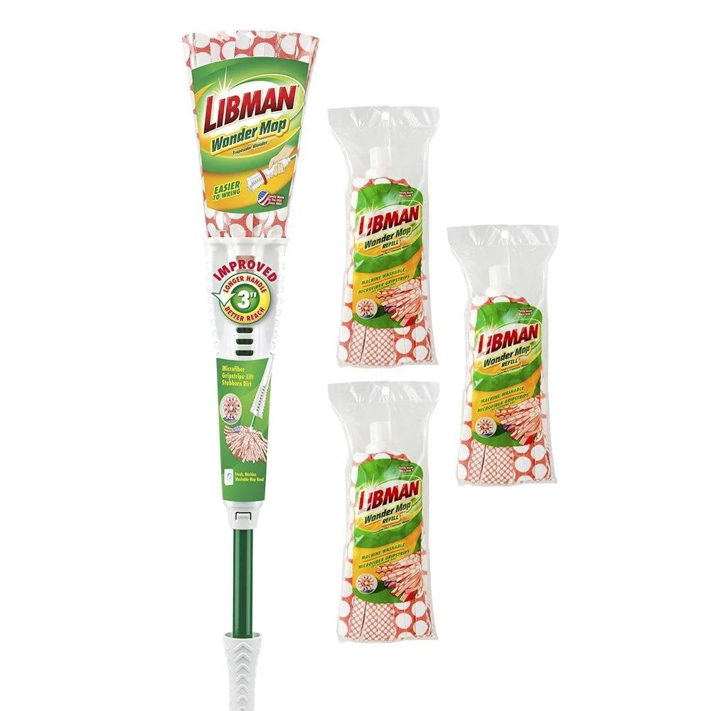 Libman Wonder Mop & Refills Kit for Tough Messes and Powerful Cleanup Easy to Wring, Long Handled Wet Mop for Hardwood, Tile, Laminate. Includes Three Replacement Heads, Machine Washable, 62 Inch