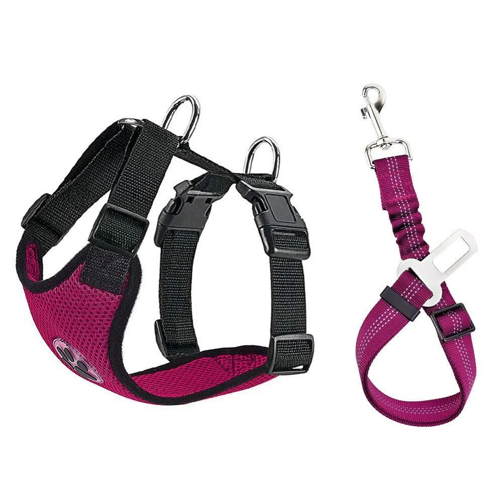 Slowton dog harness with safety belt for car double-lying breathable latex network tissue puppy harness regular safety harness dog for all everyday sports (Fuchsie XXS) XXS Fuchsie