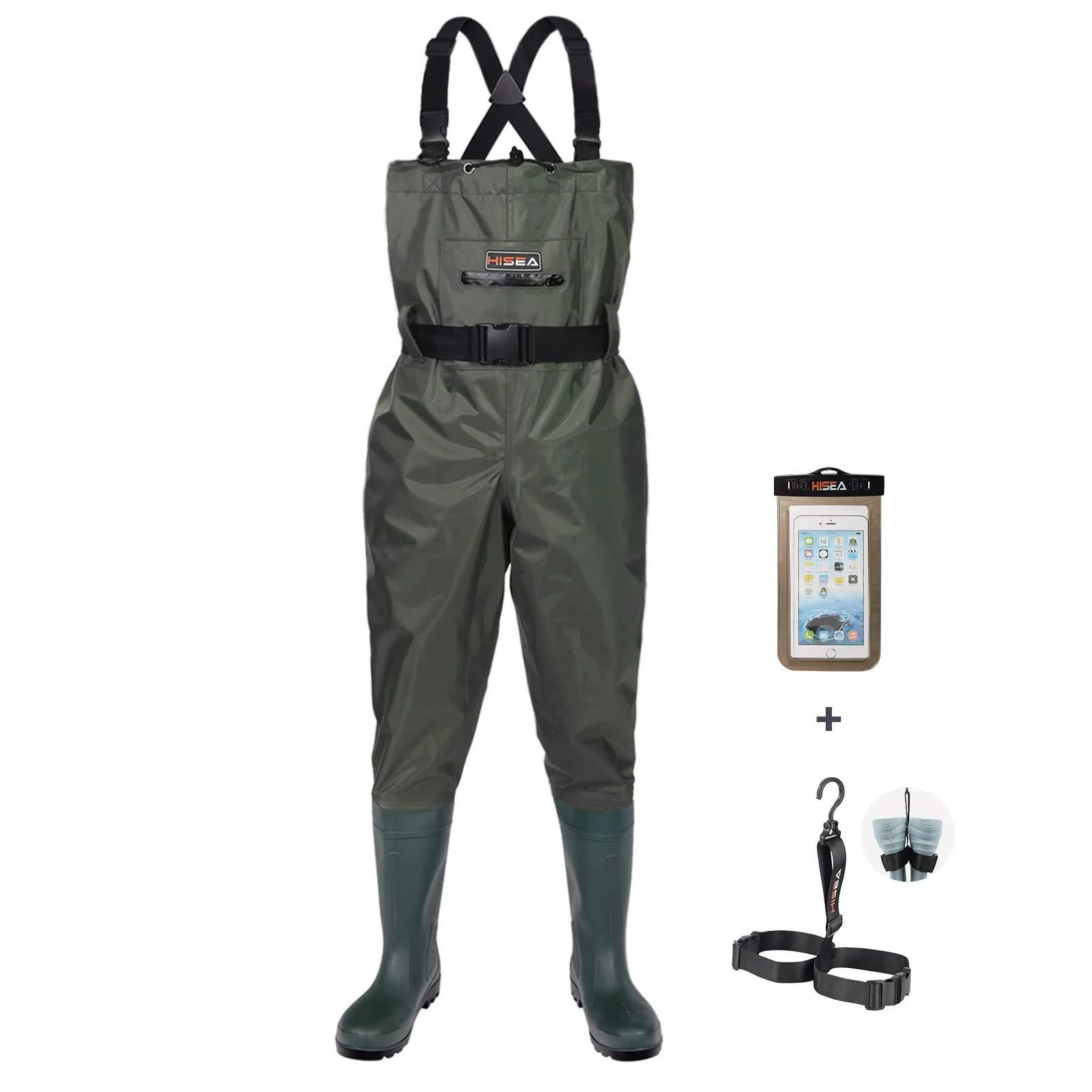 HISEA Upgrade Chest Waders Fishing Waders for Men with Boots Waterproof Lightweight Bootfoot Cleated 2-Ply Nylon/PVC Green 13
