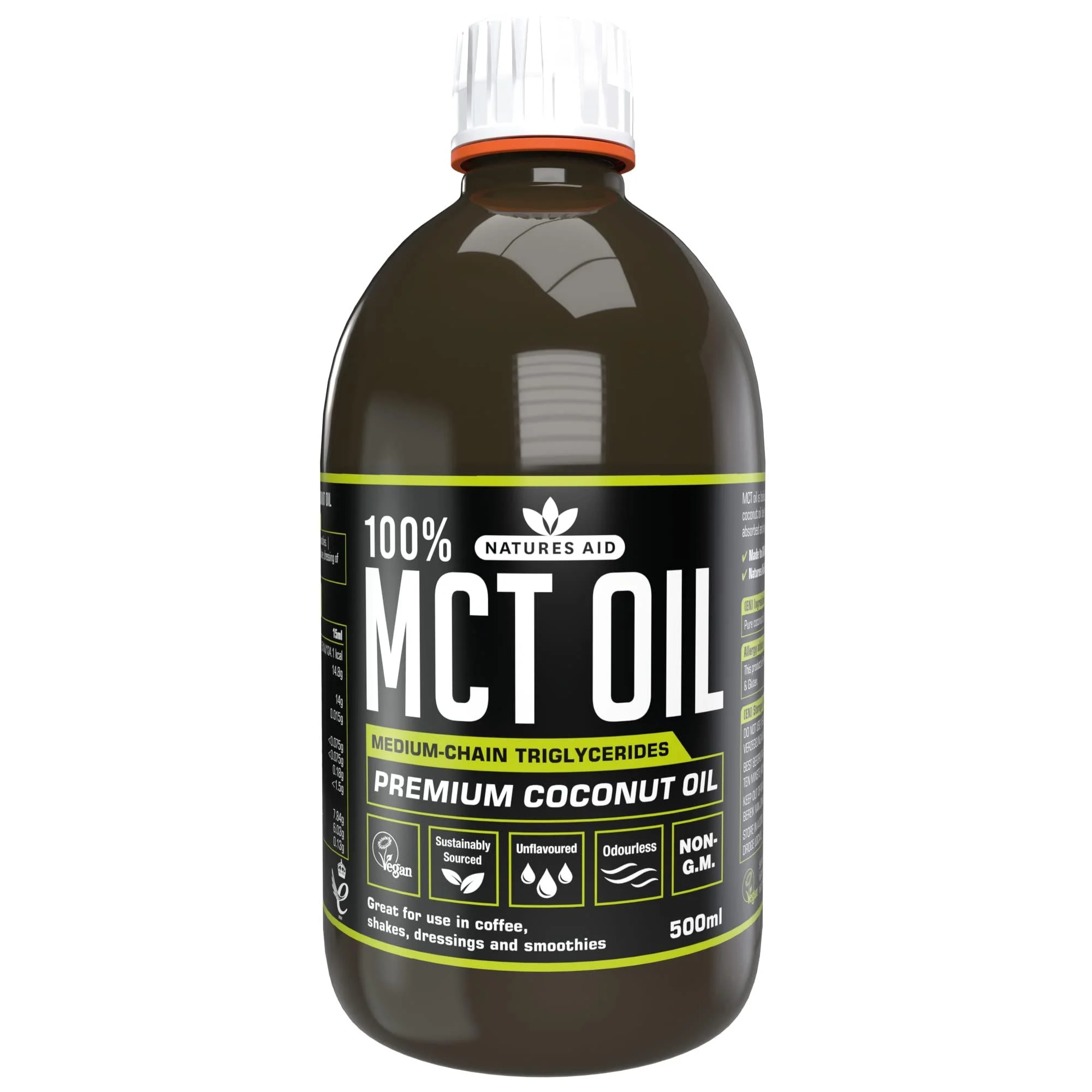 Natures Aid Huile 100% TCM de huile de noix de coco de qualit sup rieure provenant de sources durables ajouter aux caf s ou milk-shakes convient aux v g taliens 500 ml Original