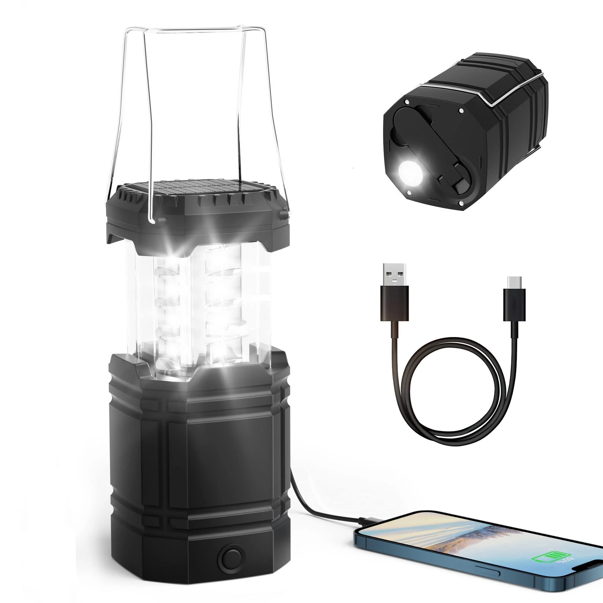 Solar Hand Crank Camping Lantern Flashlight, 3000 Rechargeable LED Flashlight Lantern Light, Bright, Portable, Waterproof Emergency Survival Kit Camping Light for Power Outage&Tent, USB Cable Included Black - Roxicosly