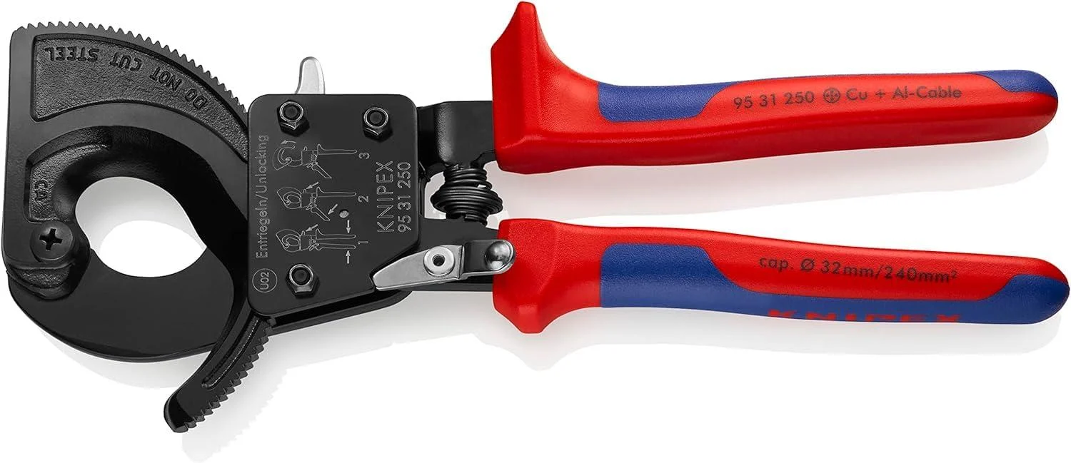 Knipex Cable Cutter (ratchet action) black lacquered with multi-component grips 250 mm (self-service card/blister) 95 31 250