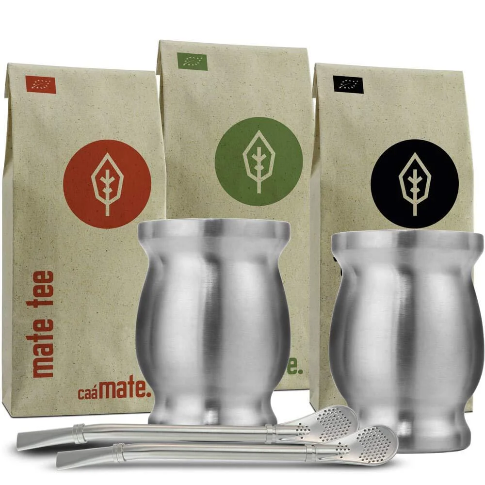Mate Tea Set Organic 3 types of mate + 2 double-walled stainless steel mate cups + 2 bombillas + preparation instructions (silver)
