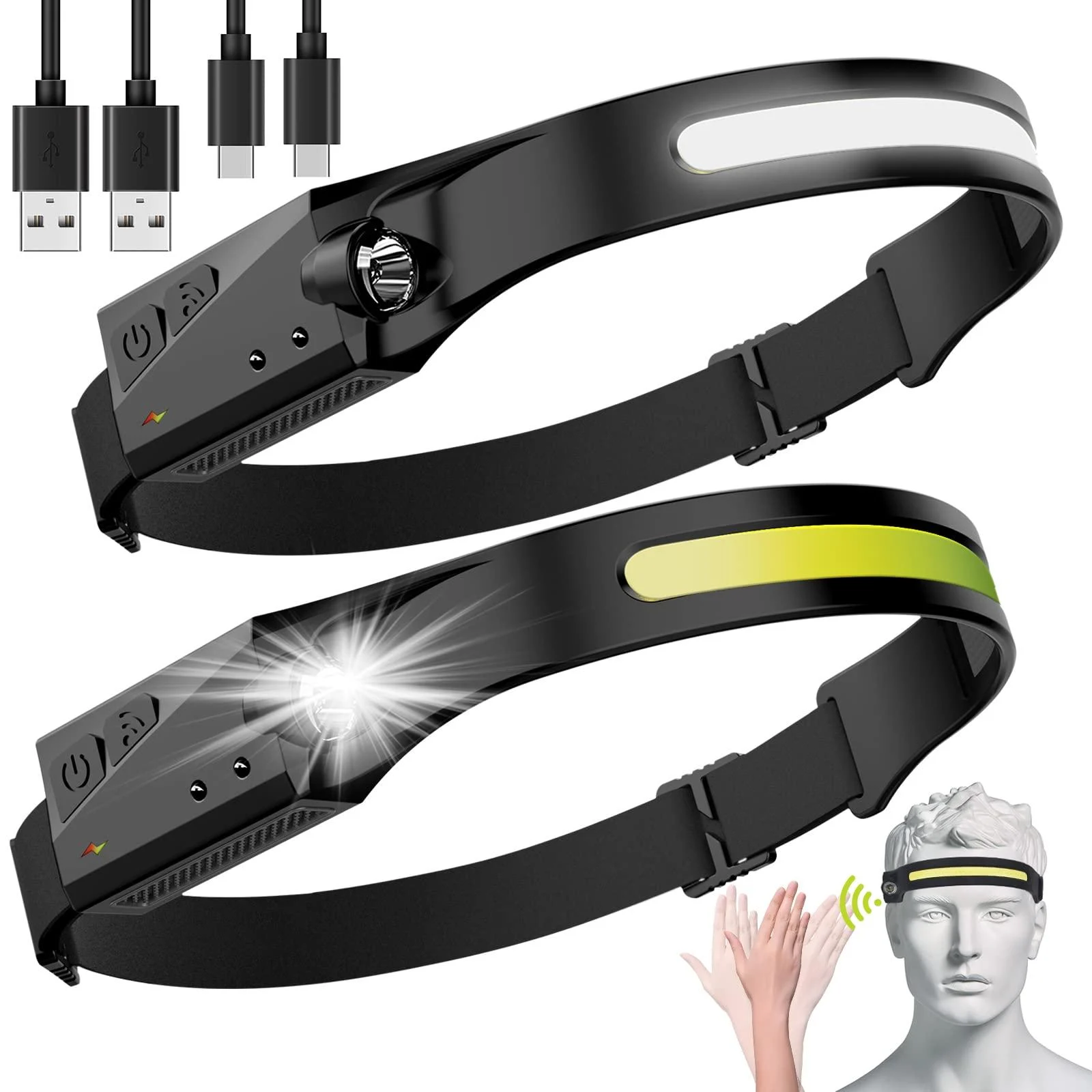 LED Headlamp 2 Pack Rechargeable Flashlight for Adults 230 Wide Beam Headlight Motion Sensor Head Lamp Adjustable Headband Outdoor Waterproof Head Light for Running Camping Hiking (headlamp-2)