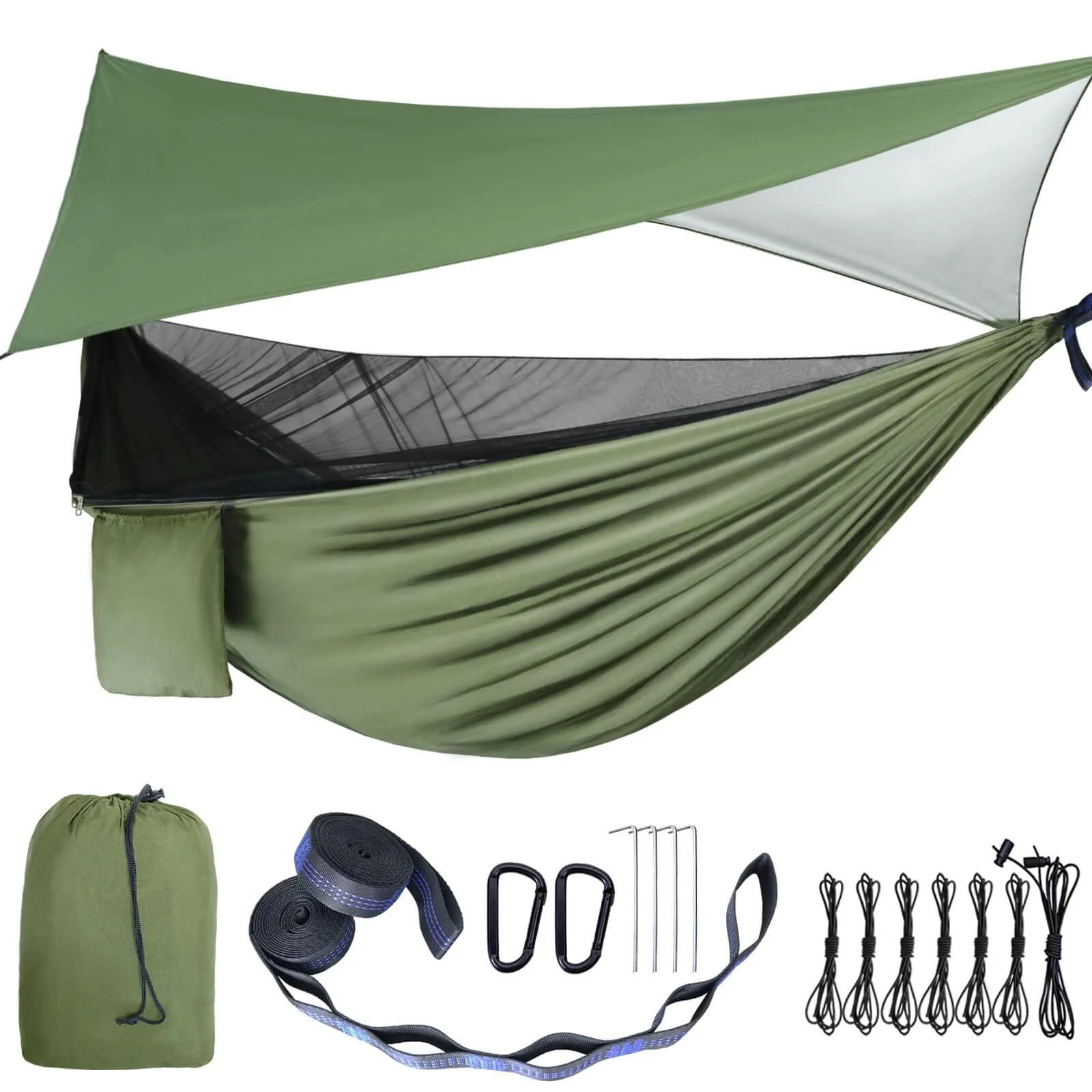 Camping Hammock - Hammocks with Mosquito Net Tent and Rain Fly Tarp, Portable Single & Double Nylon Parachute Hammock with Heavy Duty Tree Strap, Indoor Outdoor Backpacking Survival Travel Green