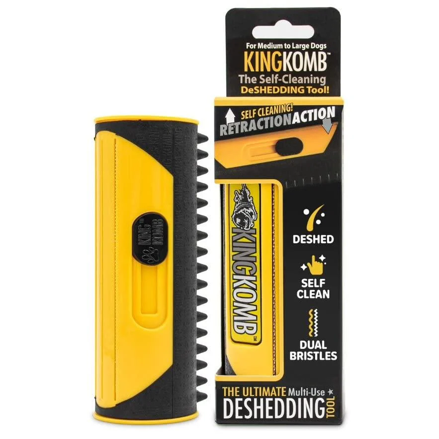 King Komb | Deshedding Tool | Top & Undercoat | Self Clean | Retractable Blades | 3 Metal Deshedding Edges | Rubber Bristles for Grooming | Large Yellow - King Kanine