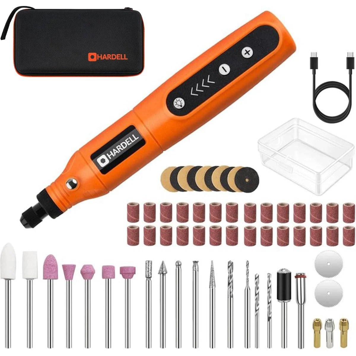 HARDELL Mini Cordless Rotary Tool USB Charging 5-Speed Rotary Tool Kit with 61 Accessories Multi-Purpose 3.7V Power Rotary Tool for Sanding Polishing Drilling Etching Engraving Cutting DIY Orange