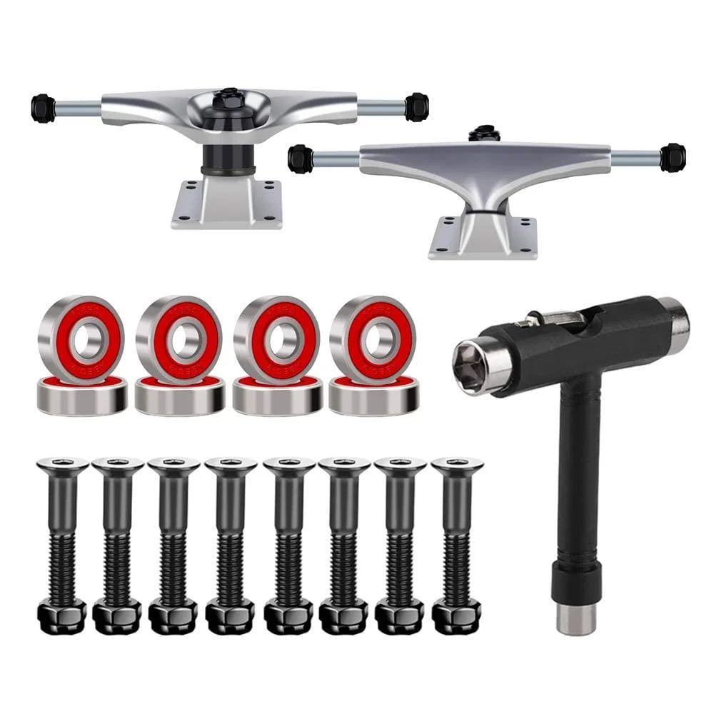 BESIY Skateboard Trucks, Skateboard Bearings & Wheel Hardware Set with Polished Skateboard Screws 1" and Practical Wrench (1) (Aluminum Color)