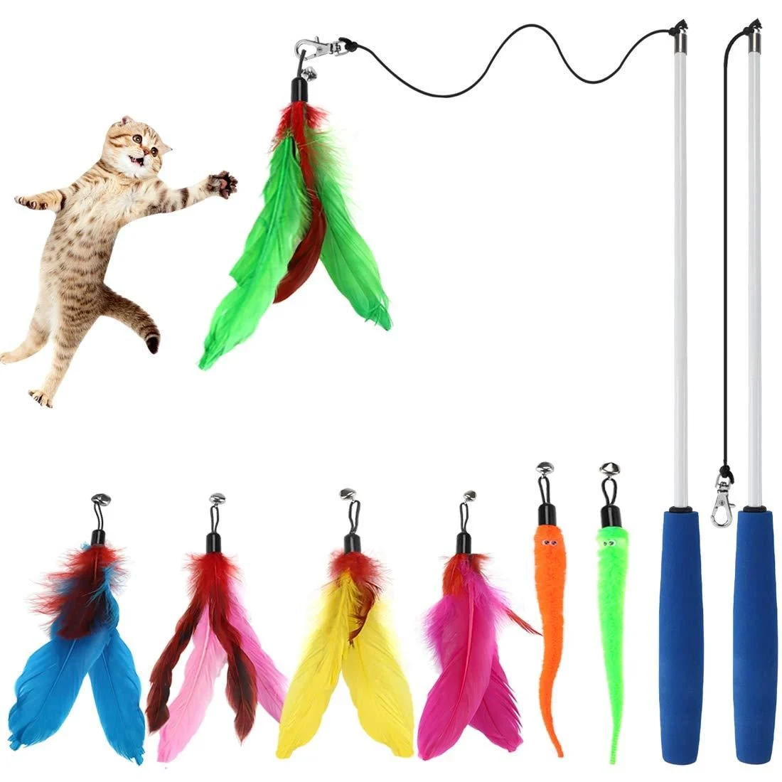 Cat Toys Kitten Toys, Interactive Cat Toy 2pcs Retractable Cat Wand Toy & 7pcs Natural Cat Feather Teaser Toys Refills, Telescopic Cat Fishing Pole Toy for Indoor Cats Gifts, Kitty Toys for Exercise - ChicWow