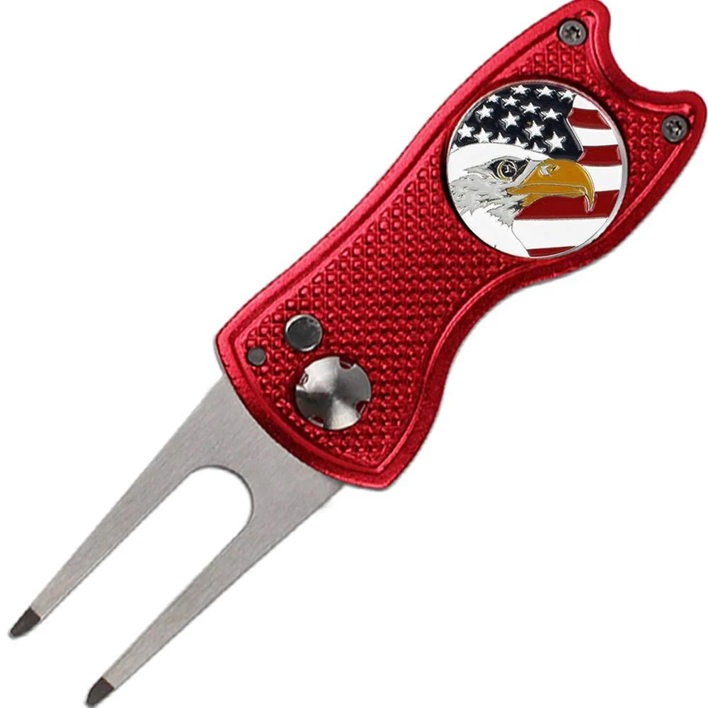 kaveno Golf Divot Tool, Foldable Stainless Steel Switchblade with USA Golf Ball Marker Red USA Eagle