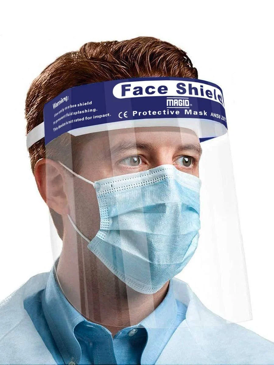 MAGID Reusable Clear Anti Fog Safety Face Shields - 5 Full Face Shields - Adult Face Shield with Soft Sponge Padding & Elastic Headband (5 Pre-Assembled Shields) 5 Face Shields