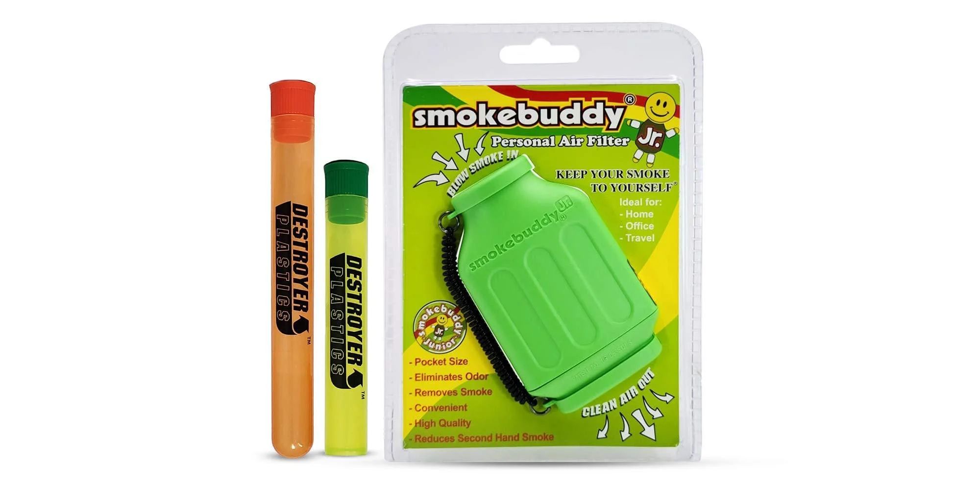 100% Authentic Smoke Buddy Bundled with Two Exclusive Destroyer Plastics Odor Proof Tubes One Large One Small (Smoke Buddy Junior, Lime) Smoke Buddy Junior Lime