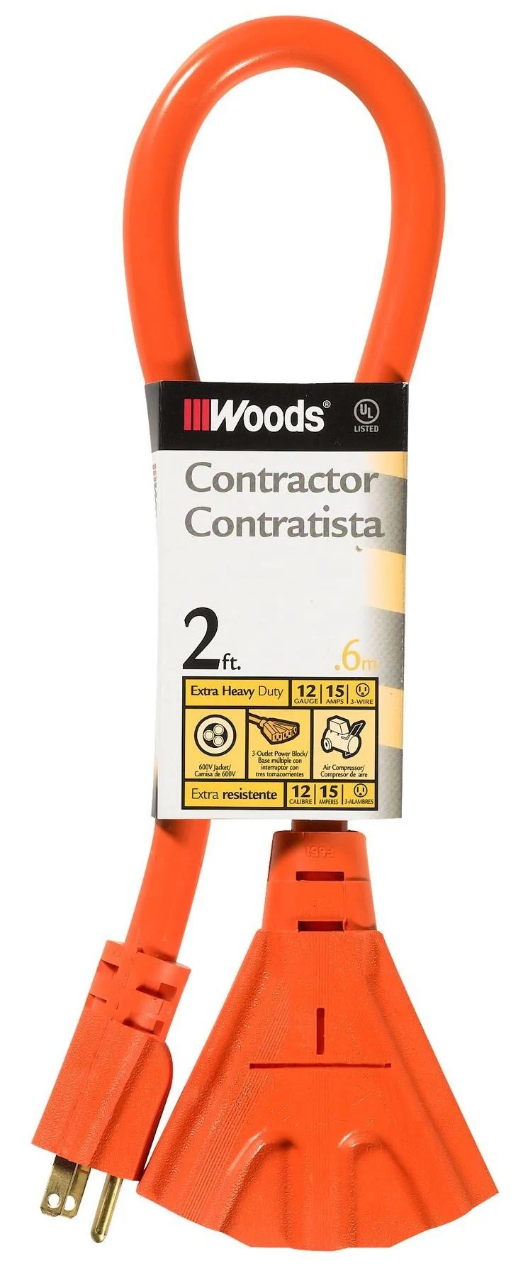 Woods 990824 2-Feet 123 STW Vinyl Extension Cord with 3-Outlet Power Block Orange 2-Foot