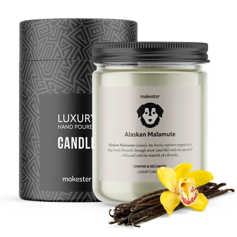 Alaskan Malamute Candle - 220g Soy Wax with Madagascan Vanilla Jasmine & Sugared Almond - Alaskan Malamute Gift - Dog Candles by Makester