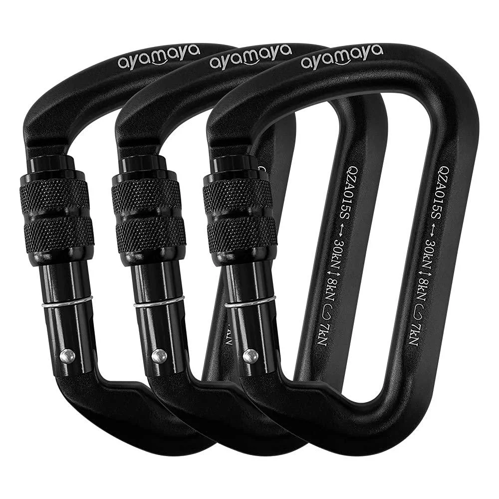 ayamaya 30kn Climbing Carabiner Aluminum Locking Carabiner D Shape Screwgate Carabiner Hook Screw Gate Lock Caribiner Clips Sport Tools Outdoor Gifts for Men Women Black
