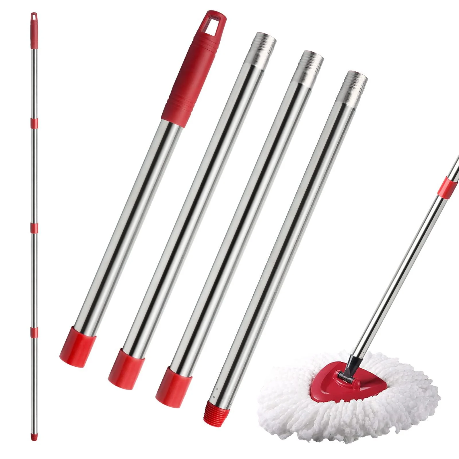 4-Section Spin Mop Replacement Handle - 2.5-5 Foot Mop Handle Replacement Stick Compatible with O-Ceda Spin Mop Base, EasyWring Mop Refills for Floor Cleaning Red - American Srew Handle