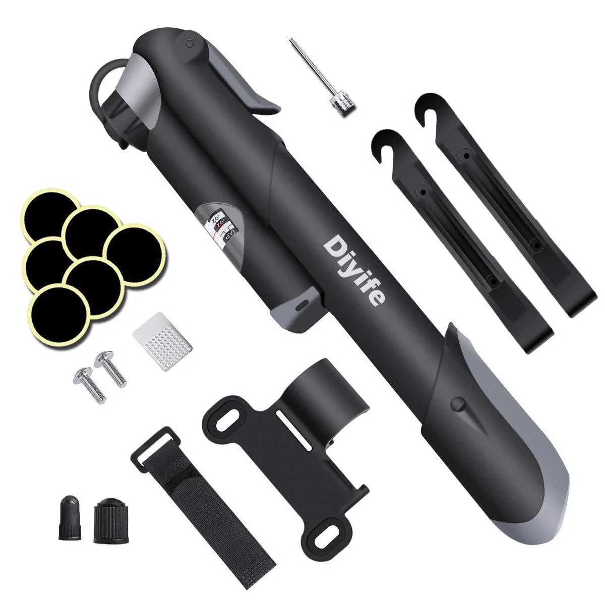 Bike Pump, 120 PSIPerfect Full Set Diyife Mini Bicycle Pump with Gauge, Ball Pump with Needle, Glueless Patch Kit, Cycle Valve Caps and Frame Mount for Road, Mountain & BMX Fits Presta & Schrader Black
