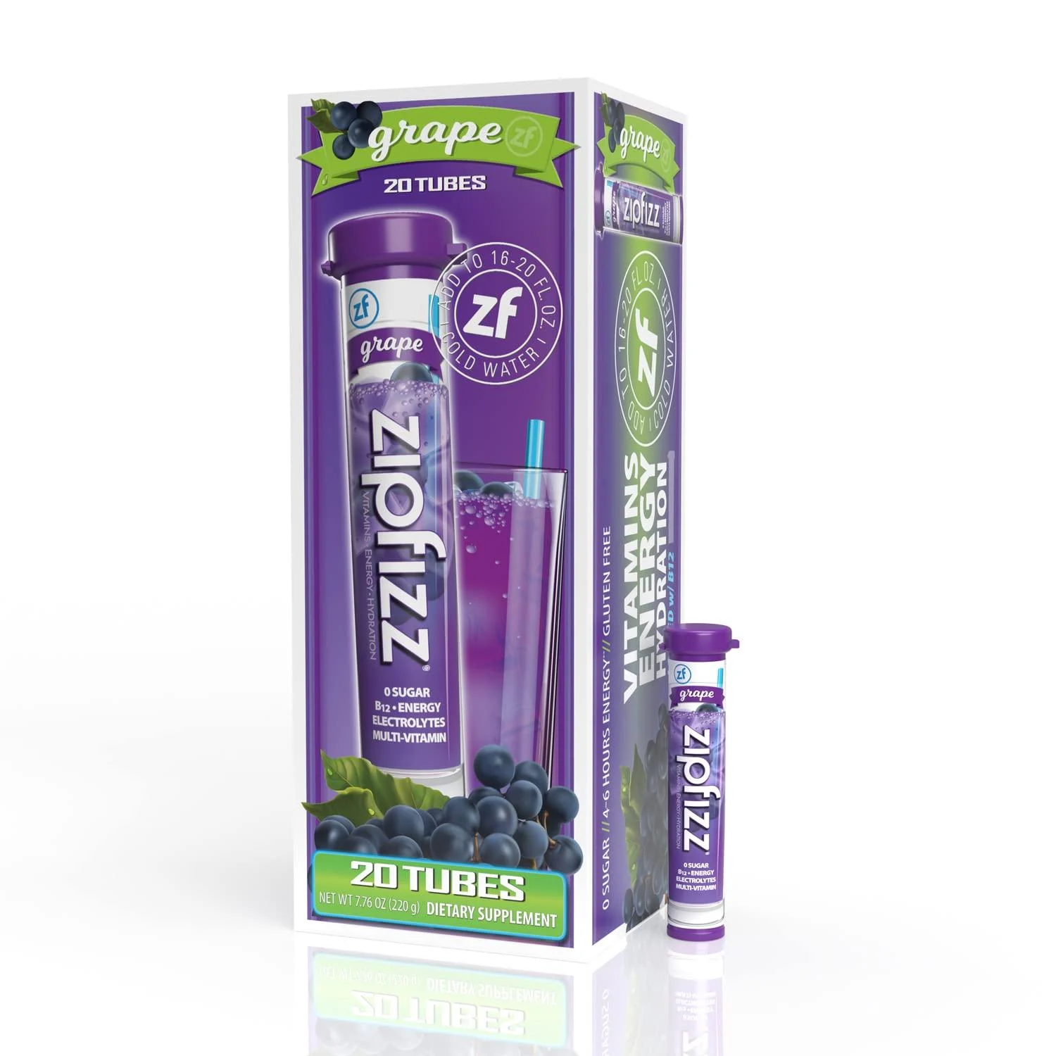 Zipfizz Energy Drink Mix, Electrolyte Hydration Powder with B12 and Multi Vitamin, Grape (20 Pack) Grape (Pack of 20)