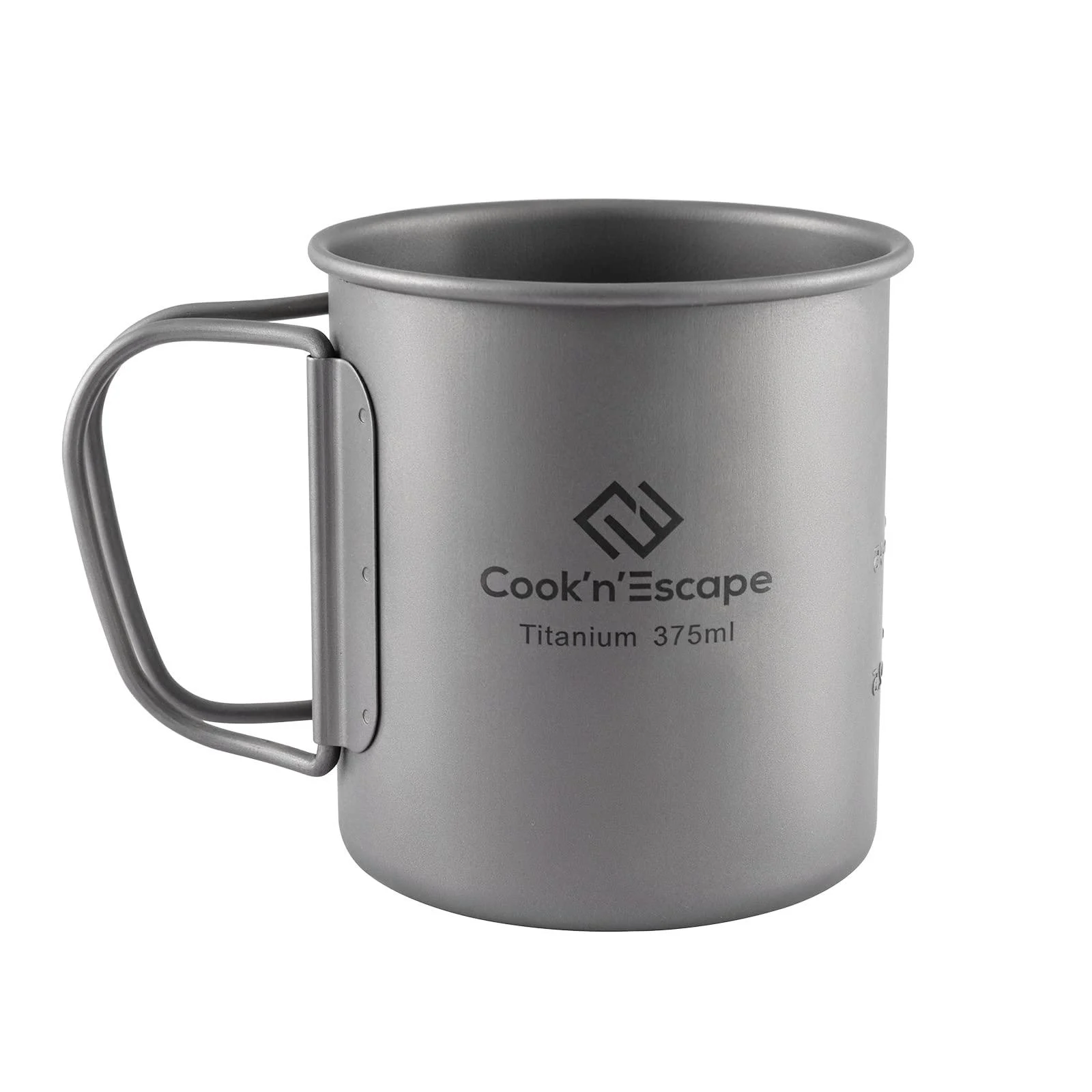 COOK'N'ESCAPE 375ml Small Titanium Cup, Camping Coffee Mug Lightweight Backpacking Titanium Cup with Foldable Handle for Outdoor Camping Hiking Picnic Open Fire Cooking
