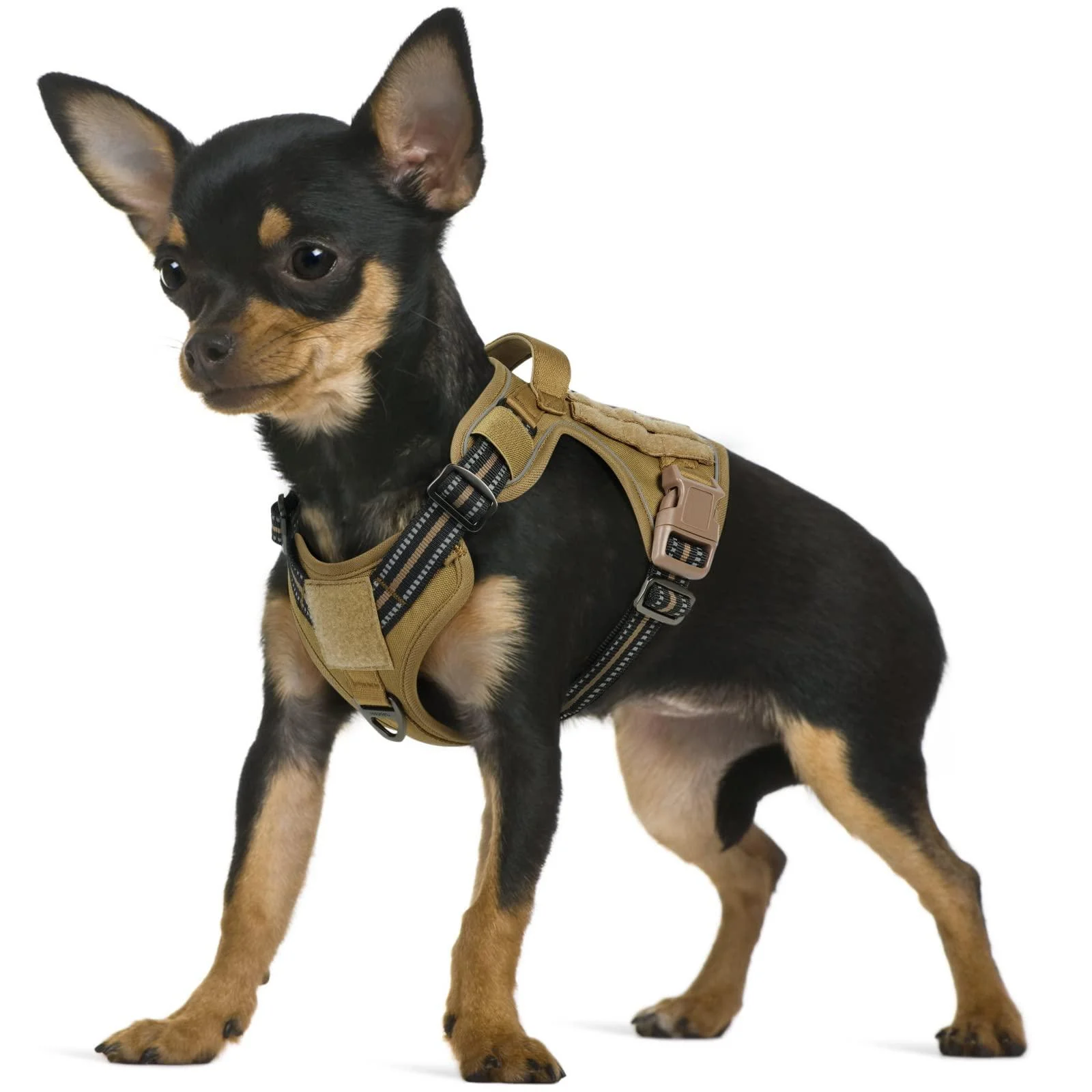 Rabbitgoo dog harness Small dogs anti -train crockery dog adjustable with handles widened robust and wear -resistant tactical dog harness with metal buckles for hiking (s brown) s (1 Pack) brown