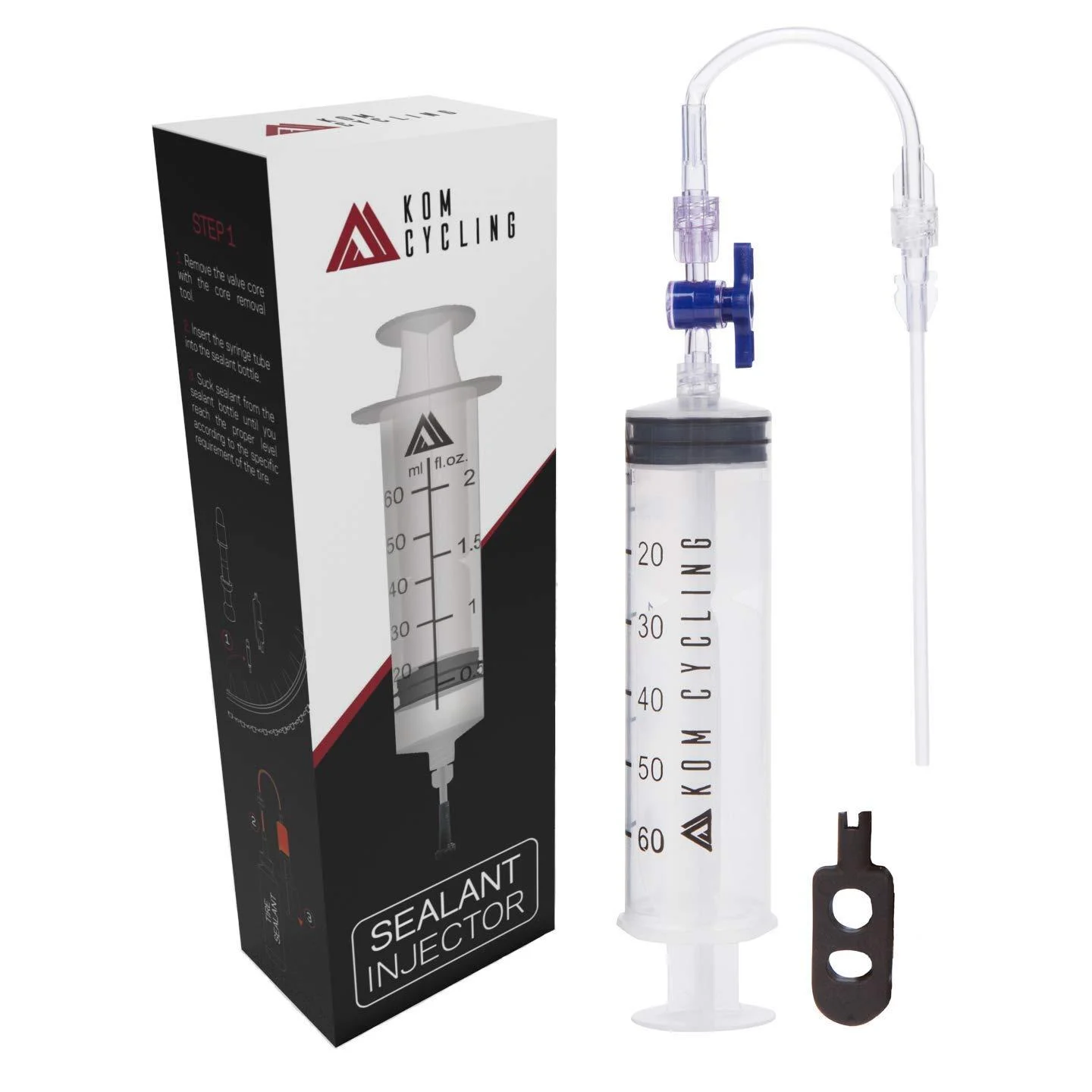 KOM Cycling Tubeless Sealant Injector Syringe and Presta Valve Core Removal Tool by Designed for Stans No Tubes sealant and Other sealants Blue with Plastic Tool
