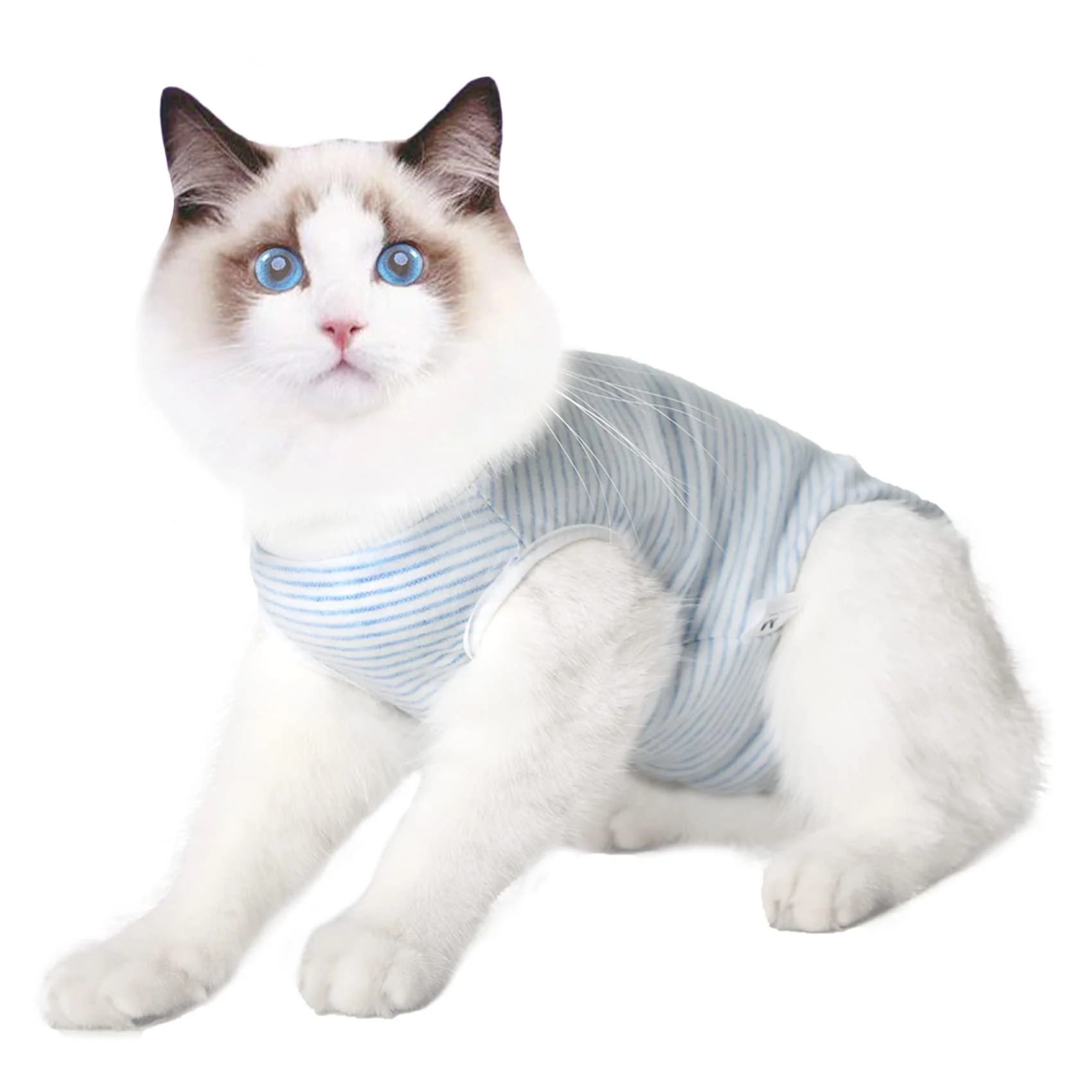 Dotoner Cat Professional Recovery Suit Surgical Recovery Shirt for Abdominal Wounds Bandages Cone E-Collar Alternative for Cats After Surgery Medical Suit Soft Pets Clothing S white blue stripes