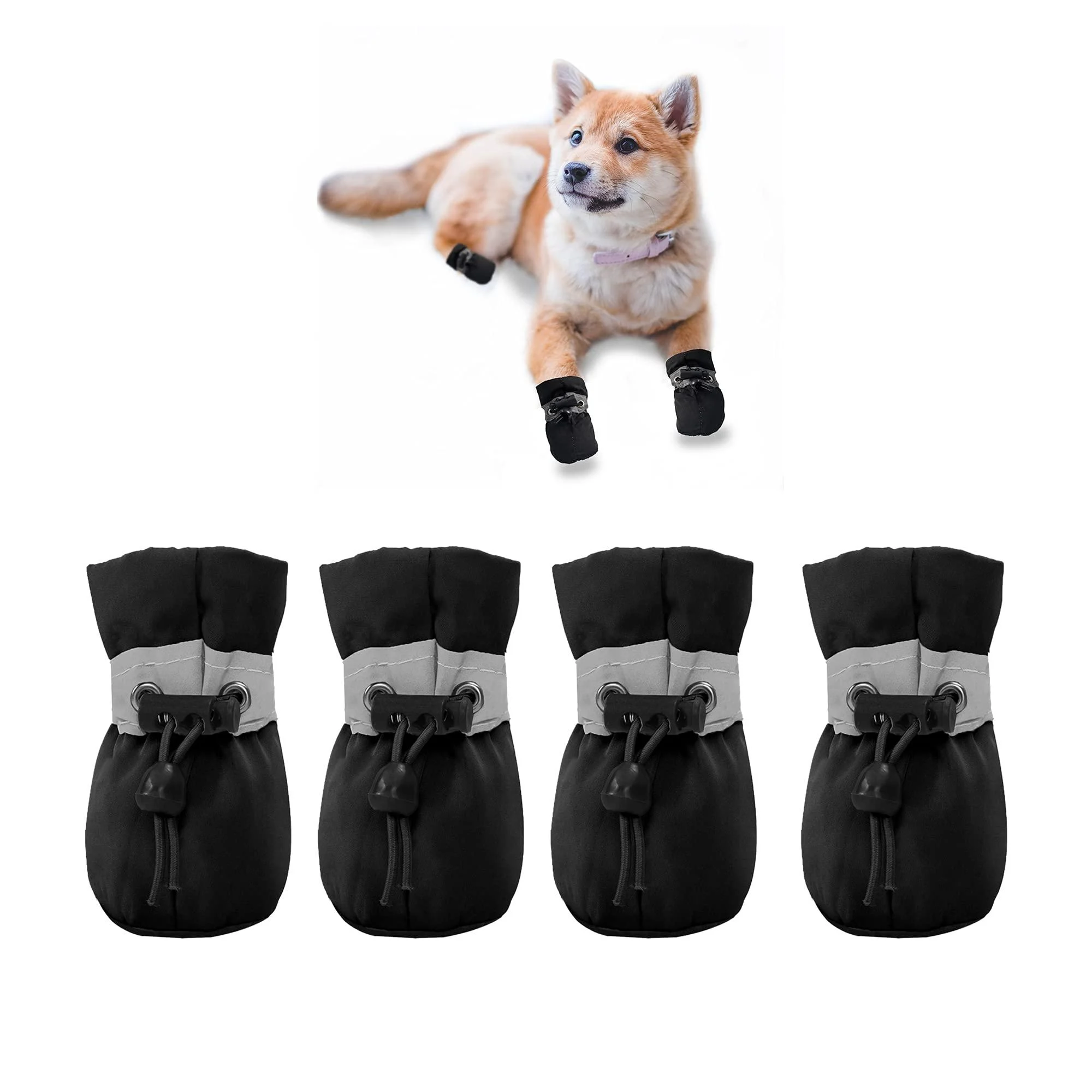 YAODHAOD Dog Shoes for Small Dogs Anti-Slip Dogs Boots & Paw Protector with Reflective Straps Winter Snow Puppy Booties, Cat Dog Shoes for Small and Medium Pets 4PCS (4, Black) size 4: 1.76"x1.37"(L*W) black