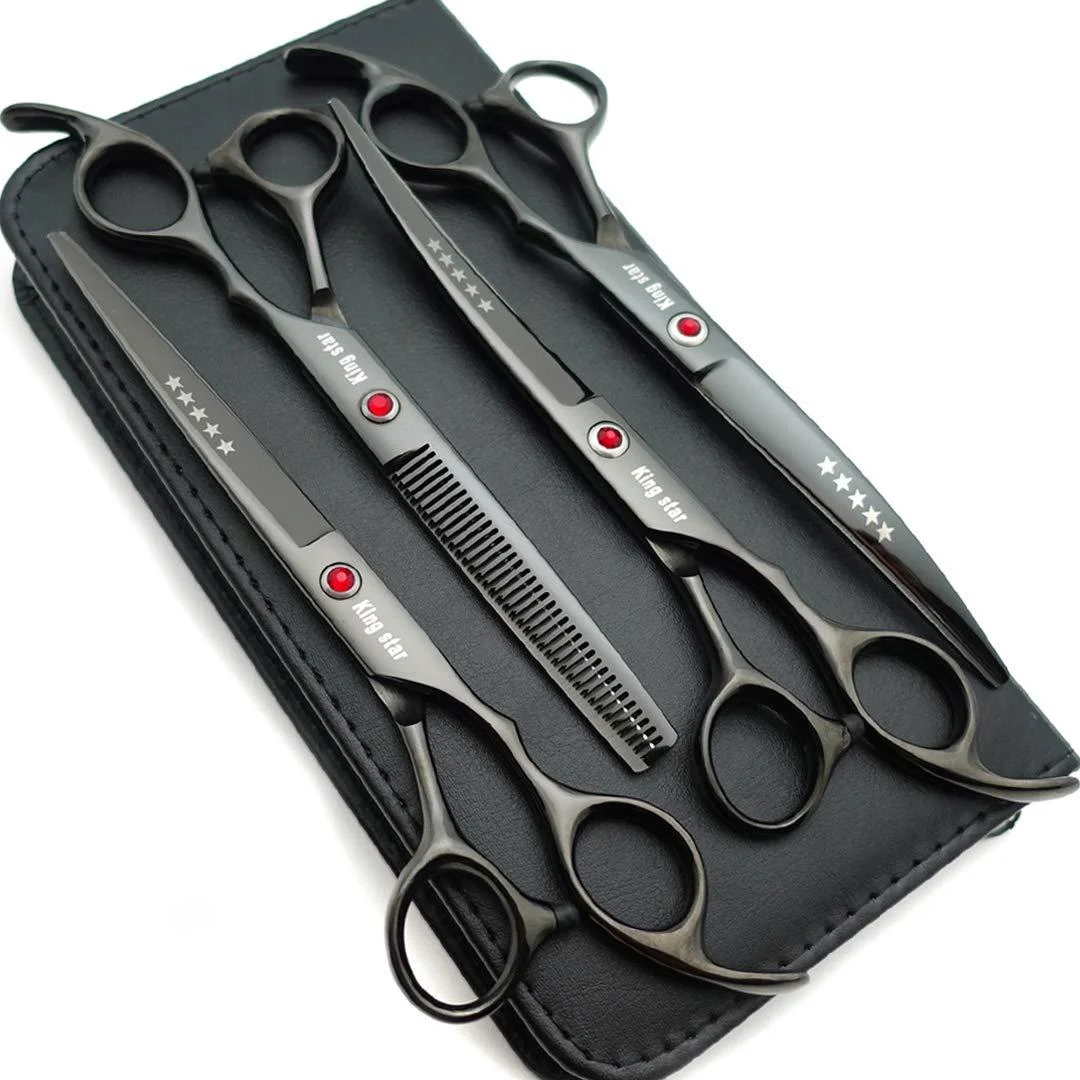 7.0in Titanium Professional dog Grooming Scissors set,Straight & Thinning & Curved scissors 4pcs set for Dog grooming (Bright black) - Kingstar
