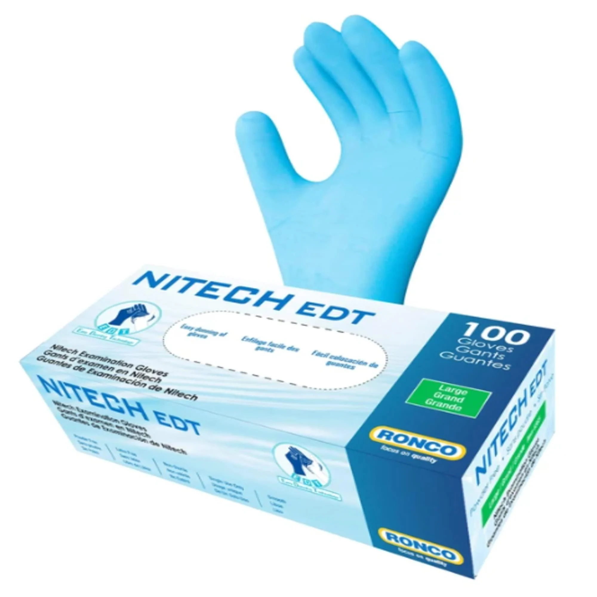 Ronco 385 Nitech Examination Gloves Large Powder Free Latex Free Box of 100 Gloves