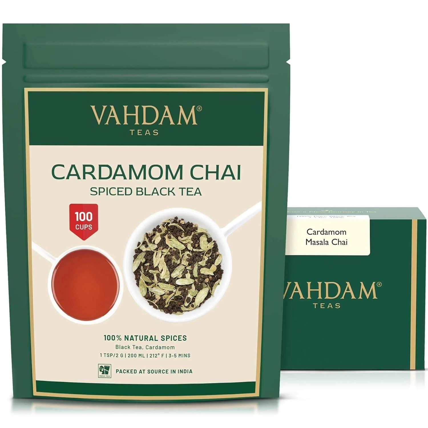 VAHDAM Cardamom Chai Tea Loose Leaf 200g (100+ Cups) India's Traditional Cardamom Tea | Spiced Chai Tea | Brew Hot Tea Iced Tea Or Chai Latte/Masala Chai Tea | Whole Loose-Leaf Vacuum Sealed Cardamom Masala Chai