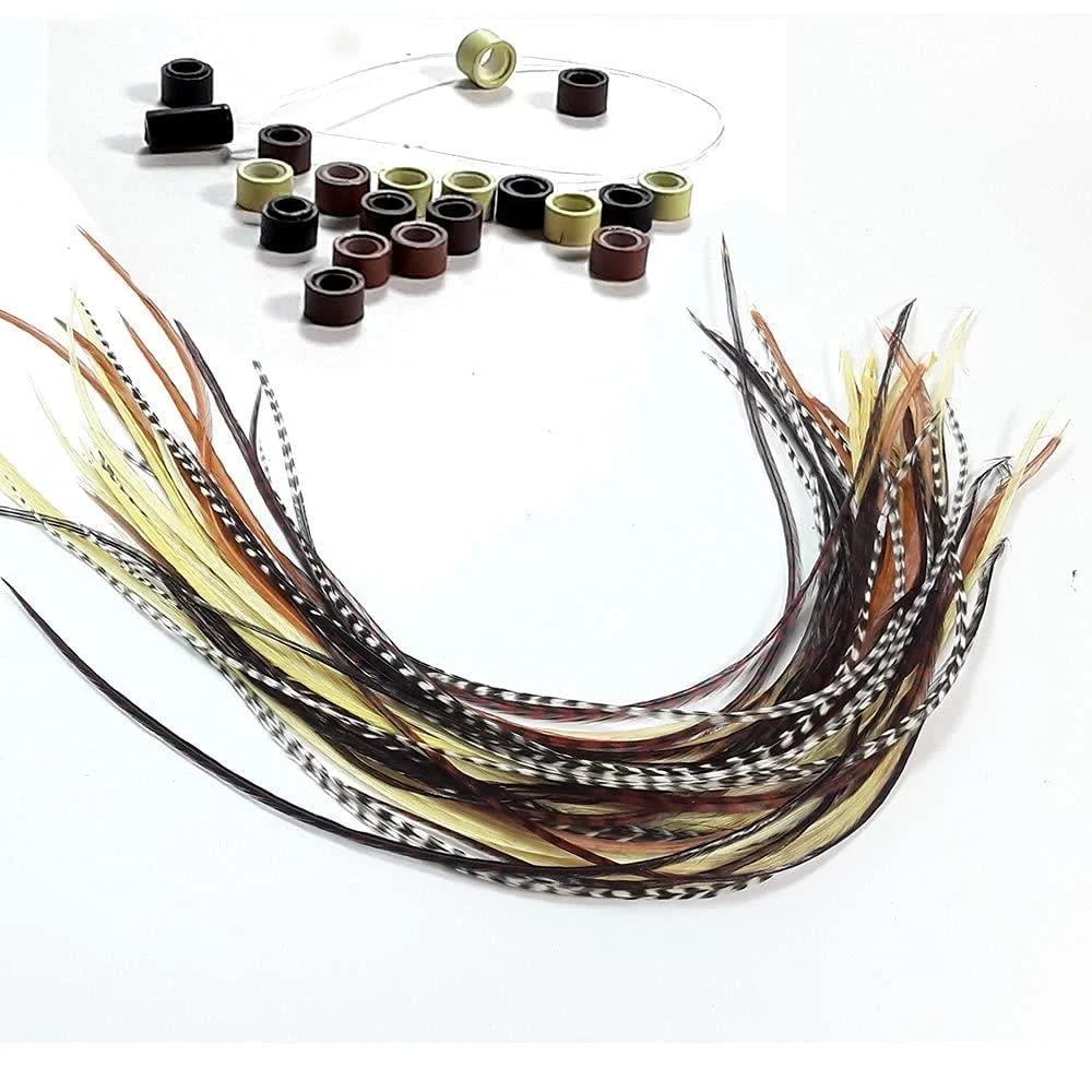 Feather Hair Extensions 100% Real Rooster Feathers 20 Natural Color Feathers Ranging from 8 to 11 Inches Includes 20 Micro Beads and Loop Tool Kit - Sexy Sparkles