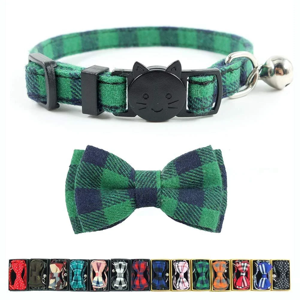 Cat Collar Breakaway with Bell and Bow Tie, Plaid Design Adjustable Safety Kitty Kitten Collars(6.8-10.8in) Green Plaid