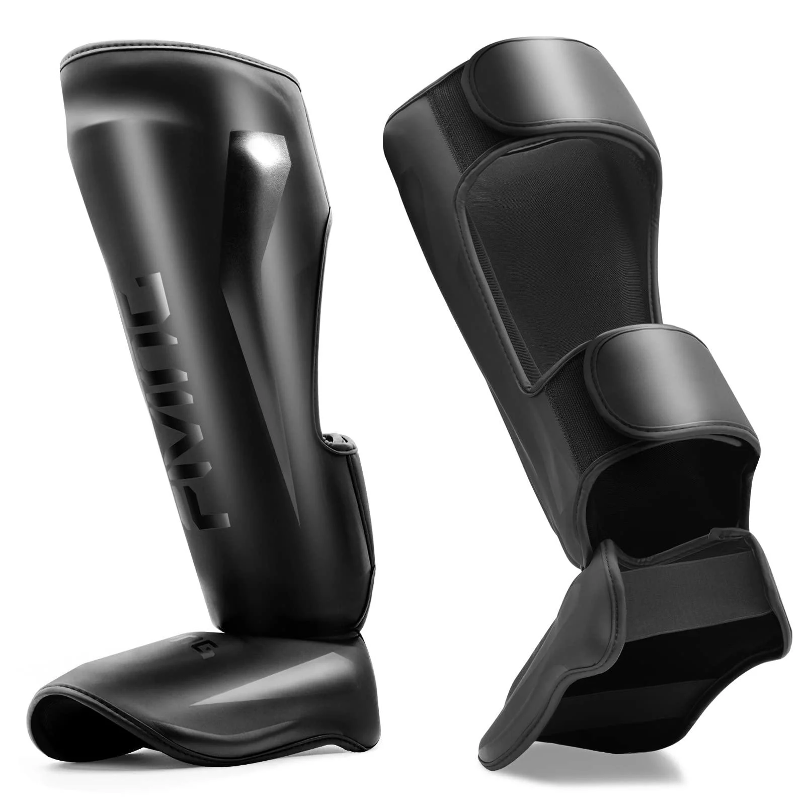 FIVING MMA Martial Arts Shin Guards Padded, Adjustable Muay Thai Leg Guards with Instep Protection for Kickboxing/MMA Training and Sparring Durable, Professional MMA Equipment Black Medium