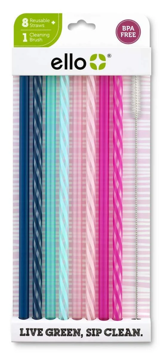 Ello Impact BPA-Free Plastic Reusable Straws with Cleaning Brush, 8 Piece Multi-Pack, Rosewater