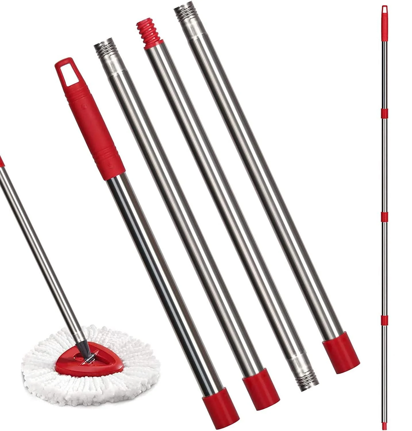 Qulable Spin Mop Replacement Handle - 4-Section 30" to 58" Mop Handle Replacement Stick Compatible with O-Ceda Spin Mop, EasyWring Mop Handle for Floor Cleaning Mop Handle - Red