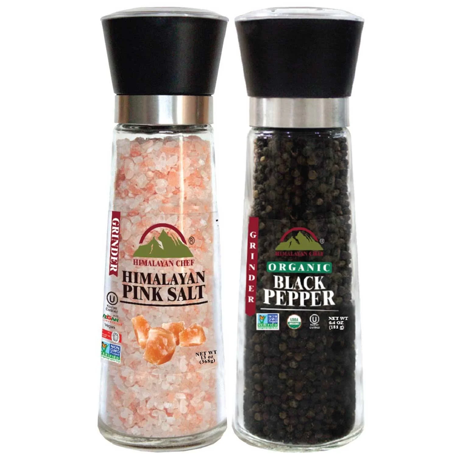 Himalayan Chef Pink Salt and Pepper Grinder Set of 2 - Adjustable Ceramic Himalayan Salt Grinder & Pepper Grinder - Tall Glass Salt and Pepper Shakers - Pepper Mill & Salt Mill, Large (5351AX2) Tall Grinder Set