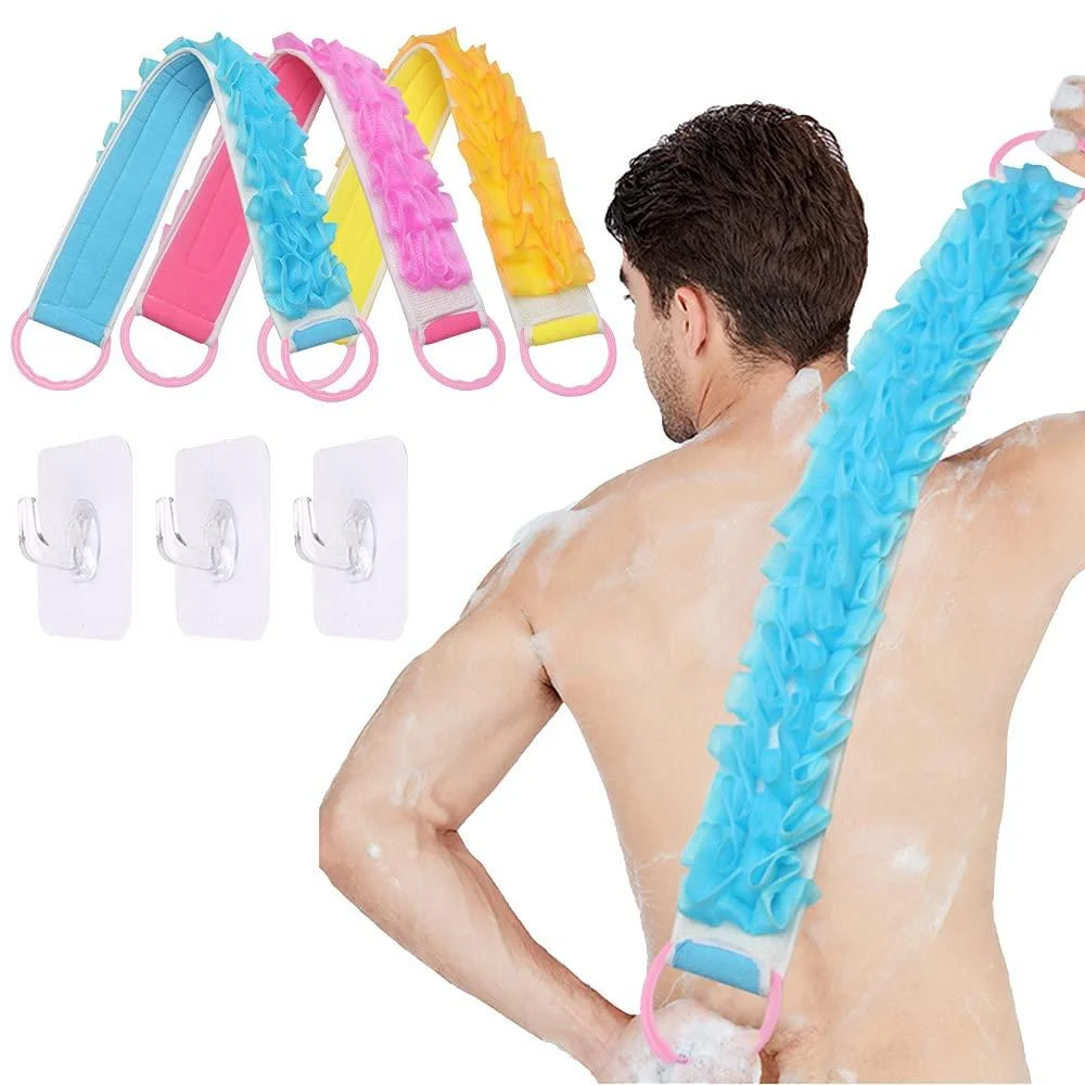 Havtyyise-3 piece set two-in-one shower back scrubber, body brush with handle, scrub exfoliating bath sponge mat, soft loofah set with hook, suitable for men and women bathing deep cleaning-33.5" 3 Pack