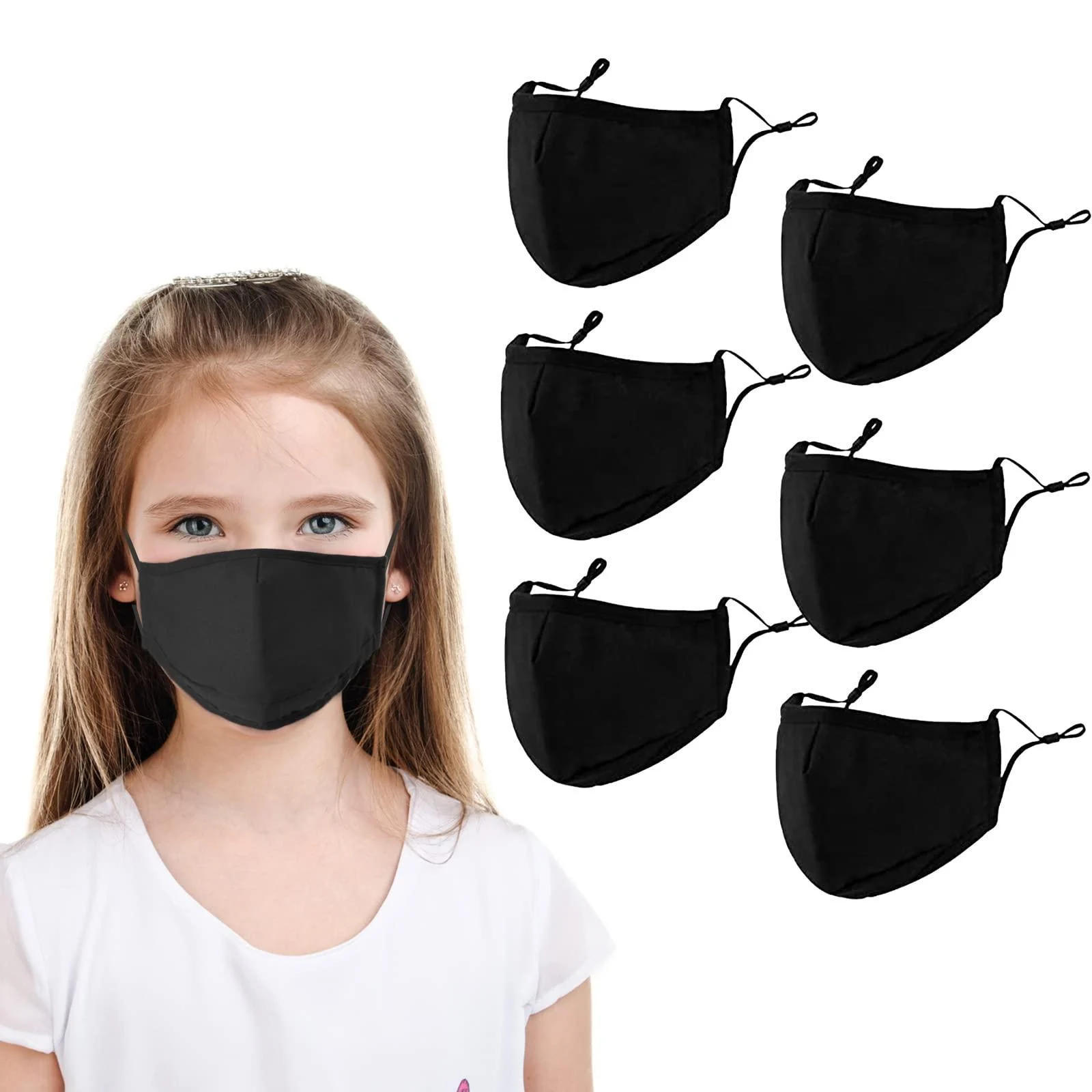 3-Ply Cloth Face Mask 6 Pack,Washable, Reusable and Breathable Face Covering with Adjustable Ear Protection Loops women/men (Kids Black)