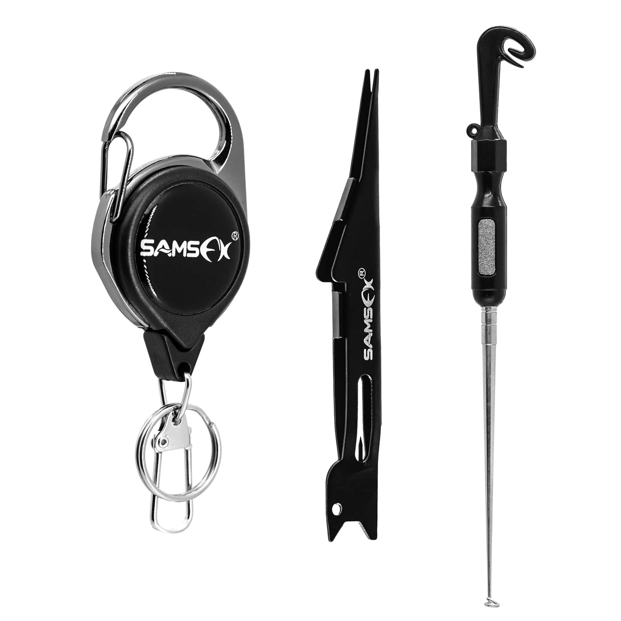 SAMSFX Fly Fishing Knot Tying Tool for Hooks, Lures and Lines, Quick Loop Tyer, Zinger Retractors Combo 4" Black Knot Tool with Retractor & Hook Remover - ?SAMSFX
