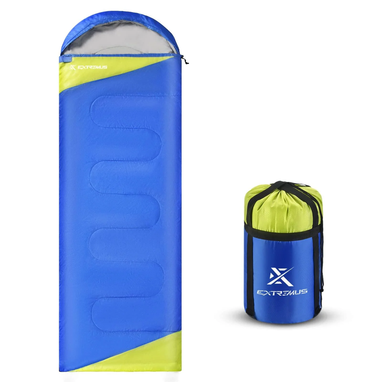 Extremus Rectangular Camping Sleeping Bag 3-Season Comfort Single/Double Backpacking Sleeping Bags for Adults Lightweight water repellency Camping Gear Stuff Sack With Compression Straps Included A: Single-Royal Blue/Chartreuse