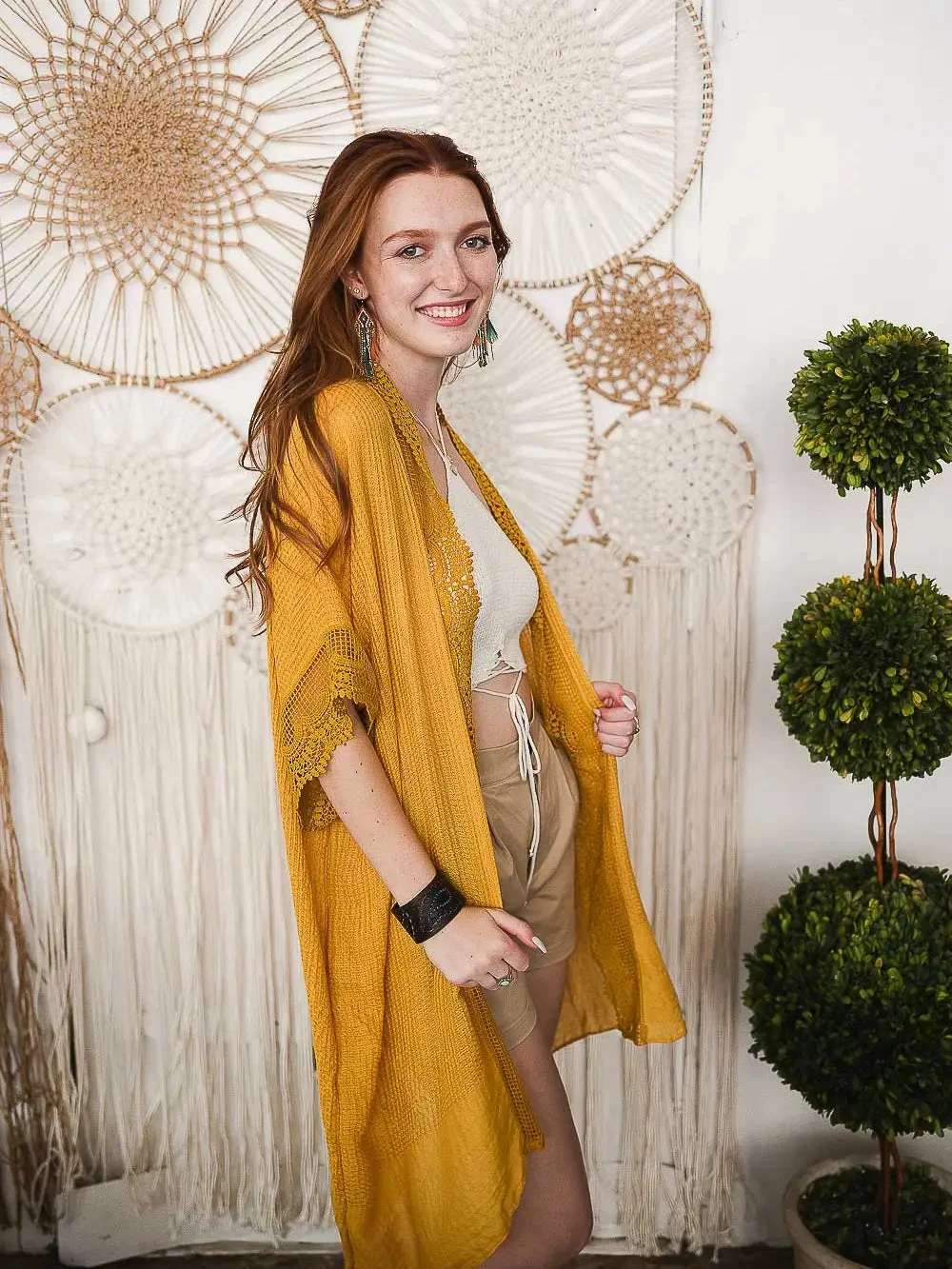 Scallop Lace Trimmed Kimono in Mustard Yellow - Leto Accessories