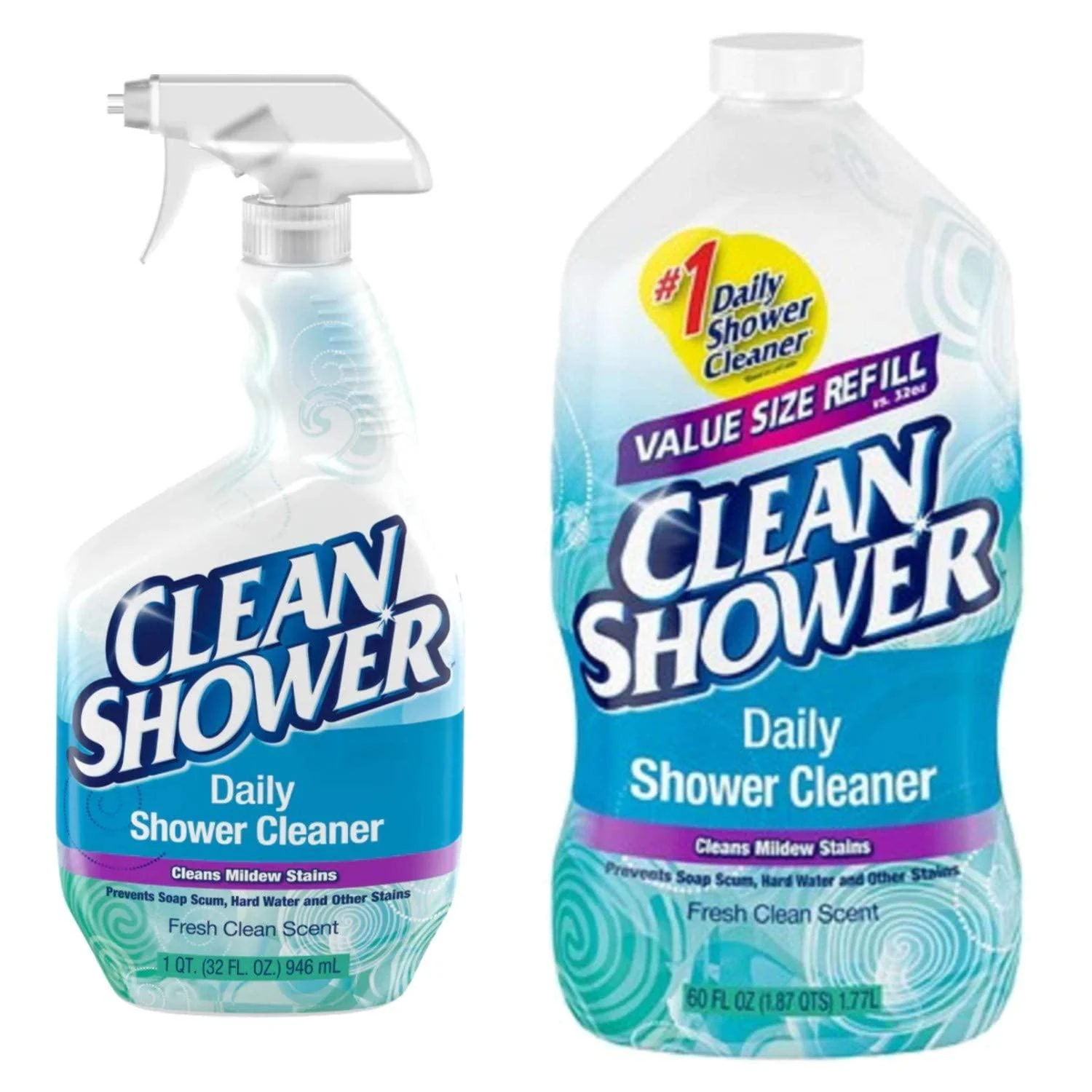 Clean Shower Daily Shower Cleaner - No Scrub Bundle Pack 32oz. Spray Bottle & 60oz. Refill Bottle 2 Piece Assortment