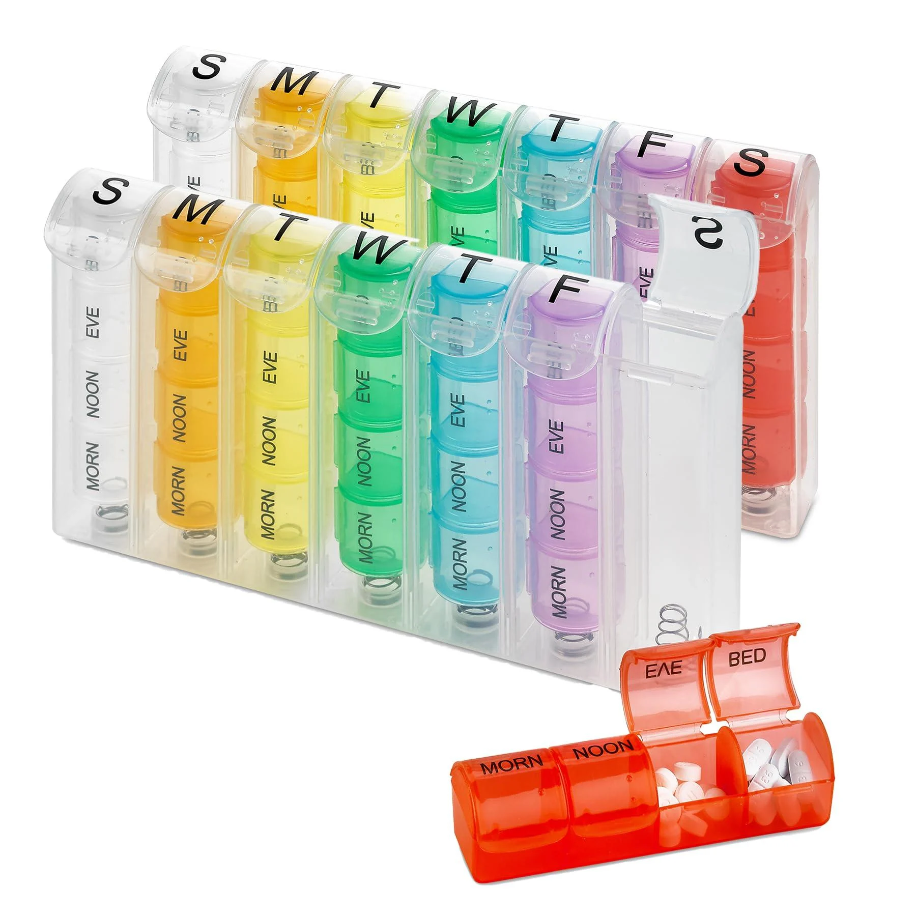 Weekly Pill Organizer - (Pack of 2) Pill Planners for Pills & Vitamins Each Day Week Four Times-a-Day Medication Reminder Easy to Read AM/PM Compartments Monday to Sunday for Travel & Purse Multi 2 Count (Pack of 1)