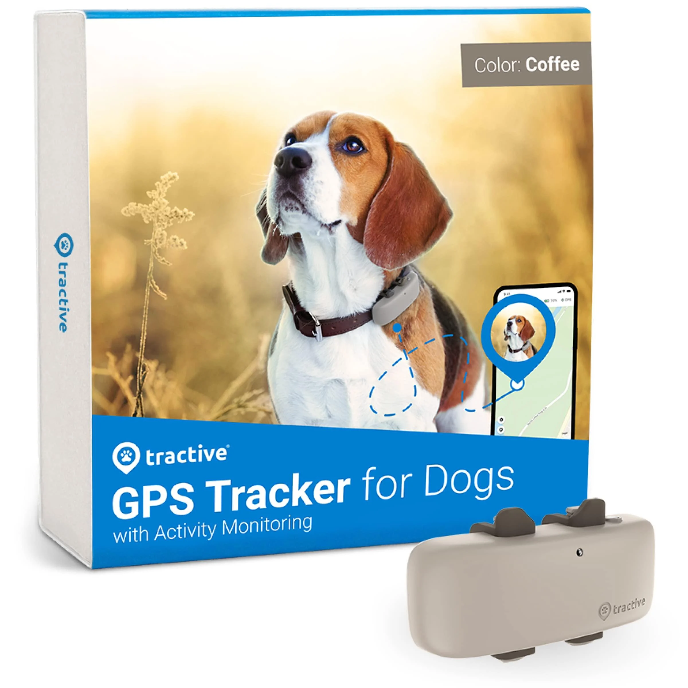 Tractive Waterproof GPS Dog Tracker - Location & Activity, Unlimited Range & Works with Any Collar (Color - Coffee)